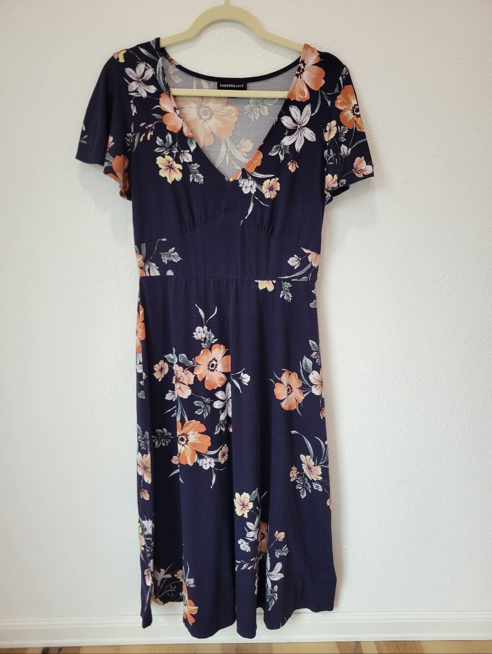 Fortune‎ + Ivy Womens M Floral Midi Dress Navy Peach Sweetheart Neckline